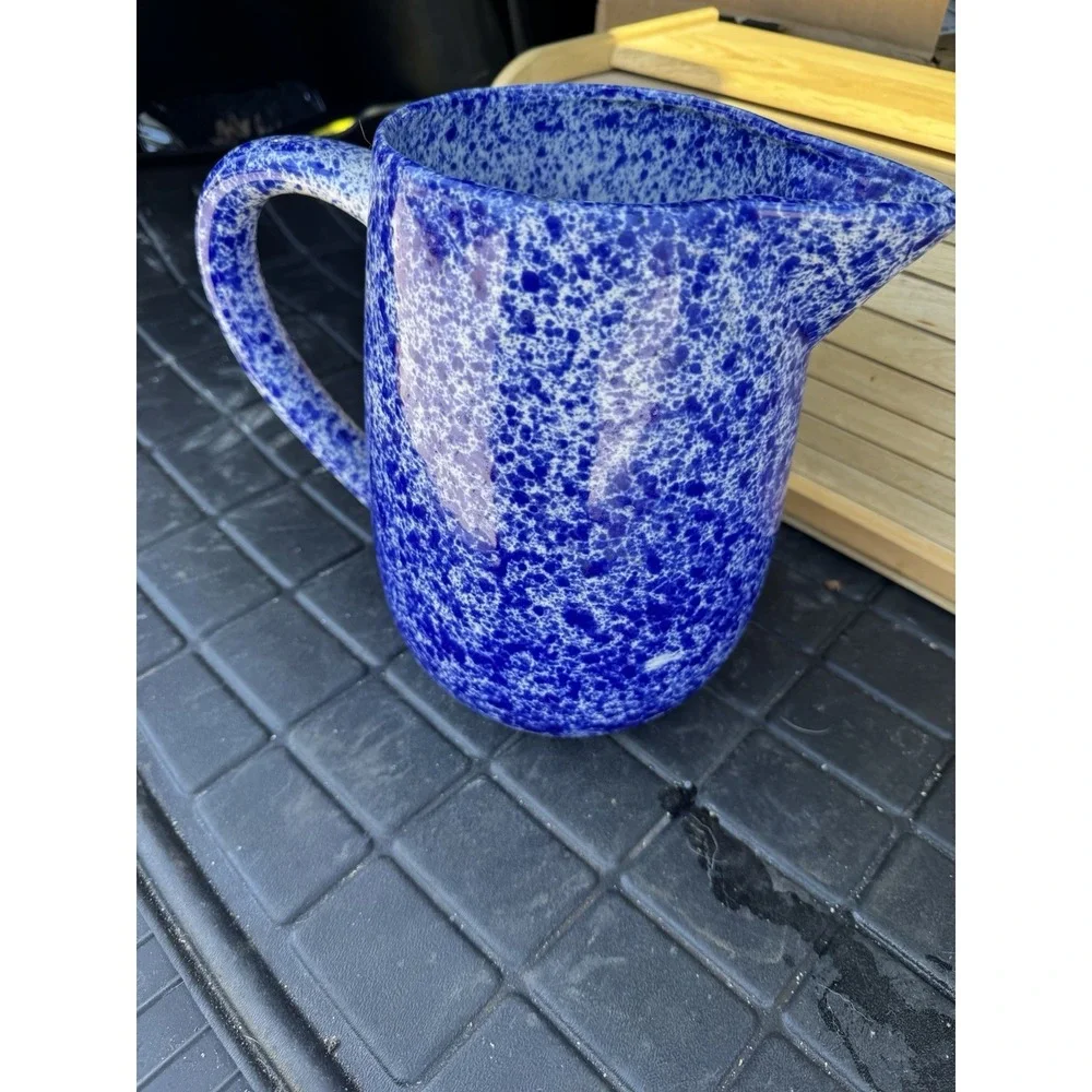 Vintage Spongeware Spatterware Blue and White Pitcher with Handle‎